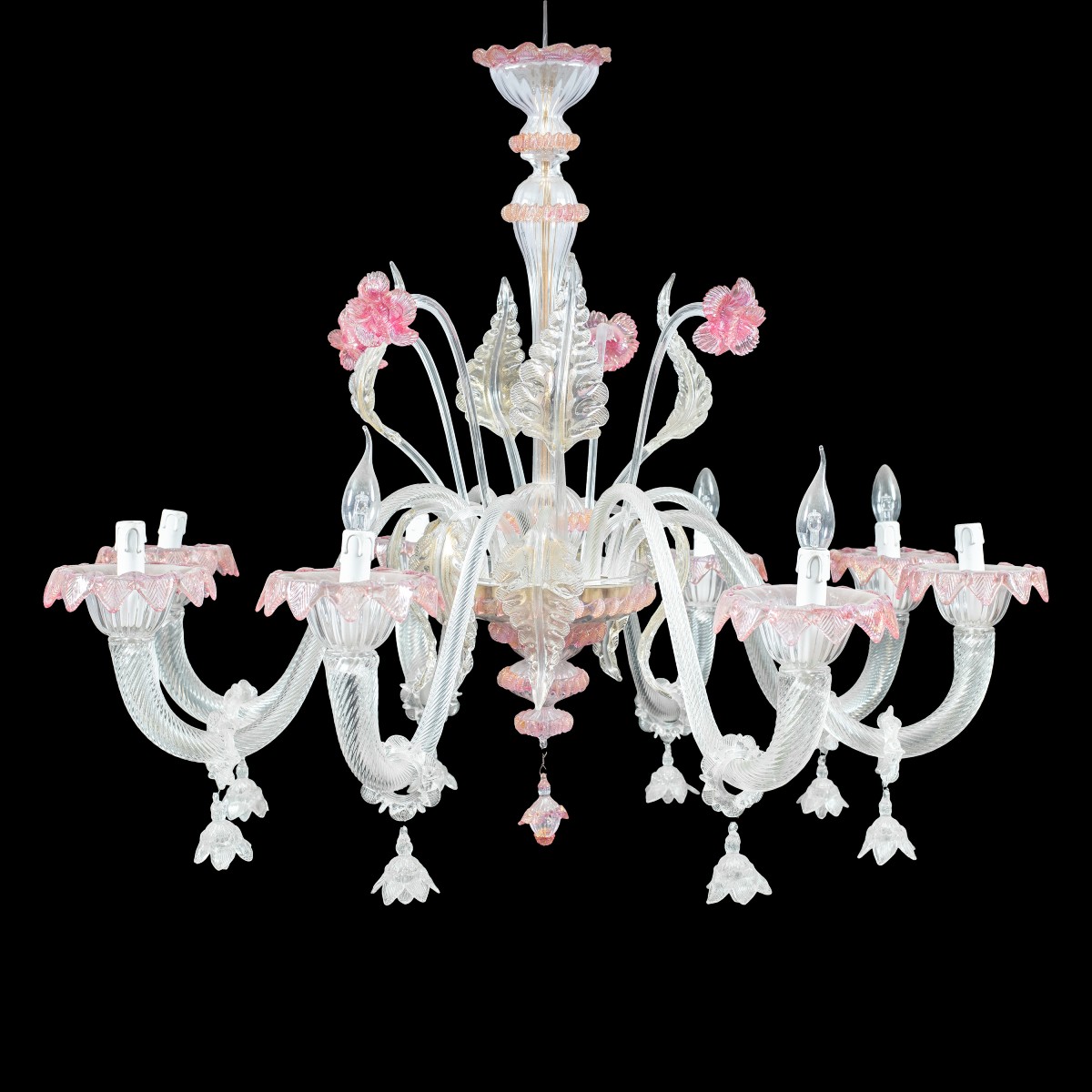 Lampadario a otto luci in vetro soffiato di Murano. Italia, inizi XX secolo.