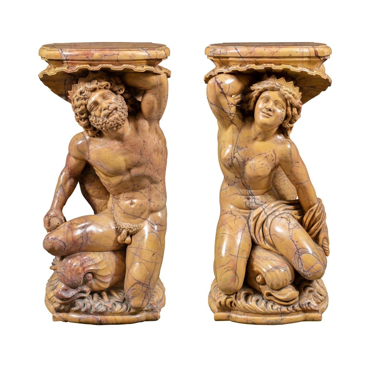 Coppia di sculture reggi-vaso in marmo giallo - Poseidone e Anfitrite. Italia, XIX-XX secolo.