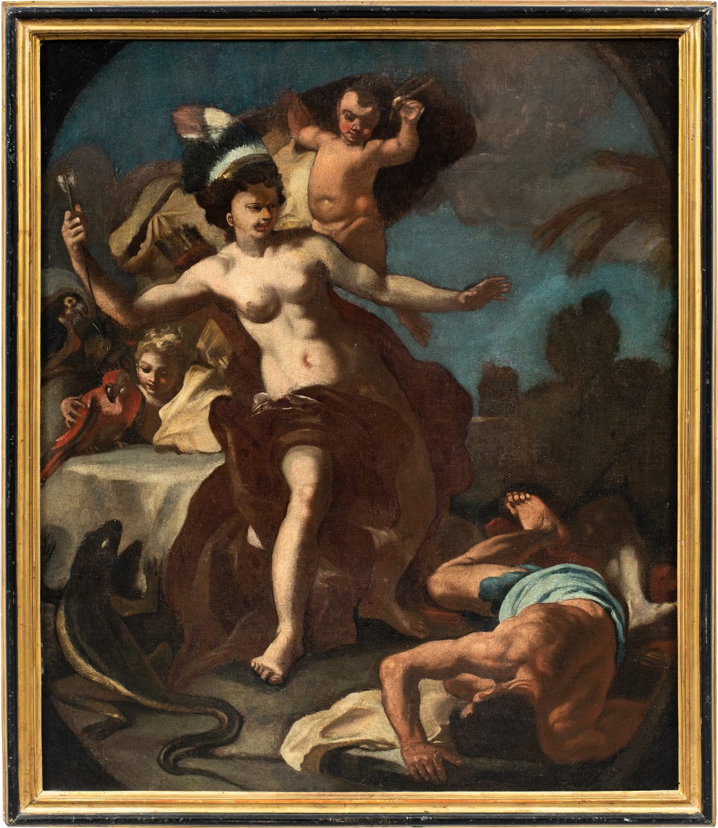 Francesco Solimena (Canale di Serino 1657 - Barra 1747) bottega di - Allegoria dell’America.