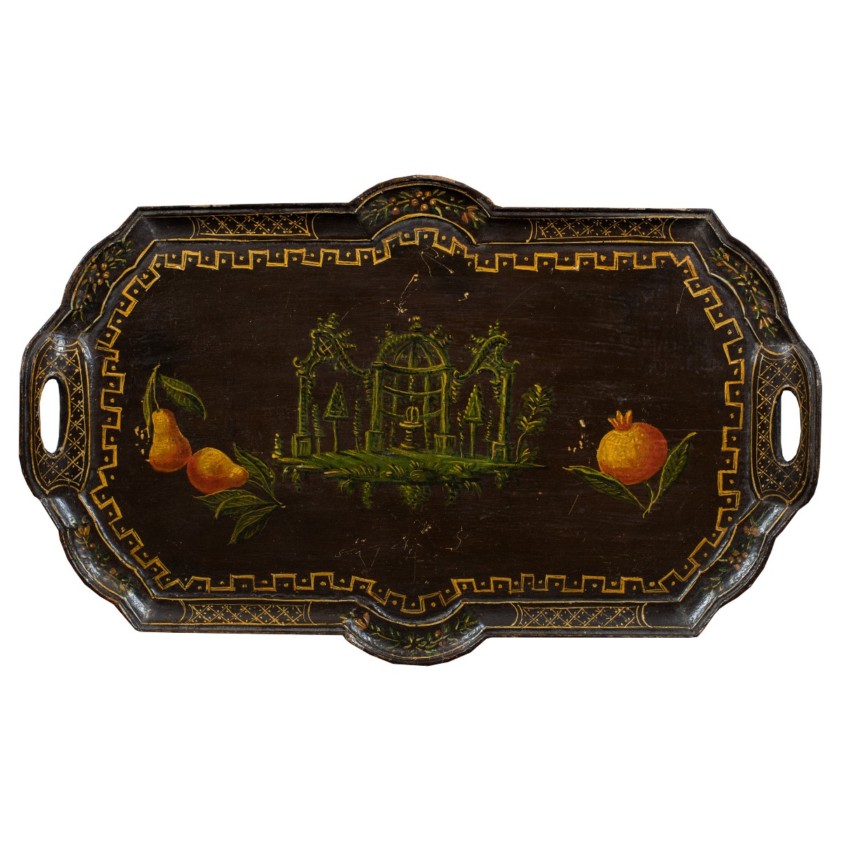 Vassoio in legno laccato e dipinto. Venezia, XVIII secolo.