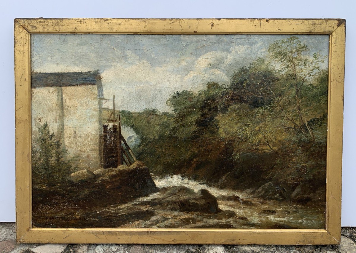 Pittore europeo (fine XIX sec.) - Paesaggio con mulino e ruscello.-photo-4