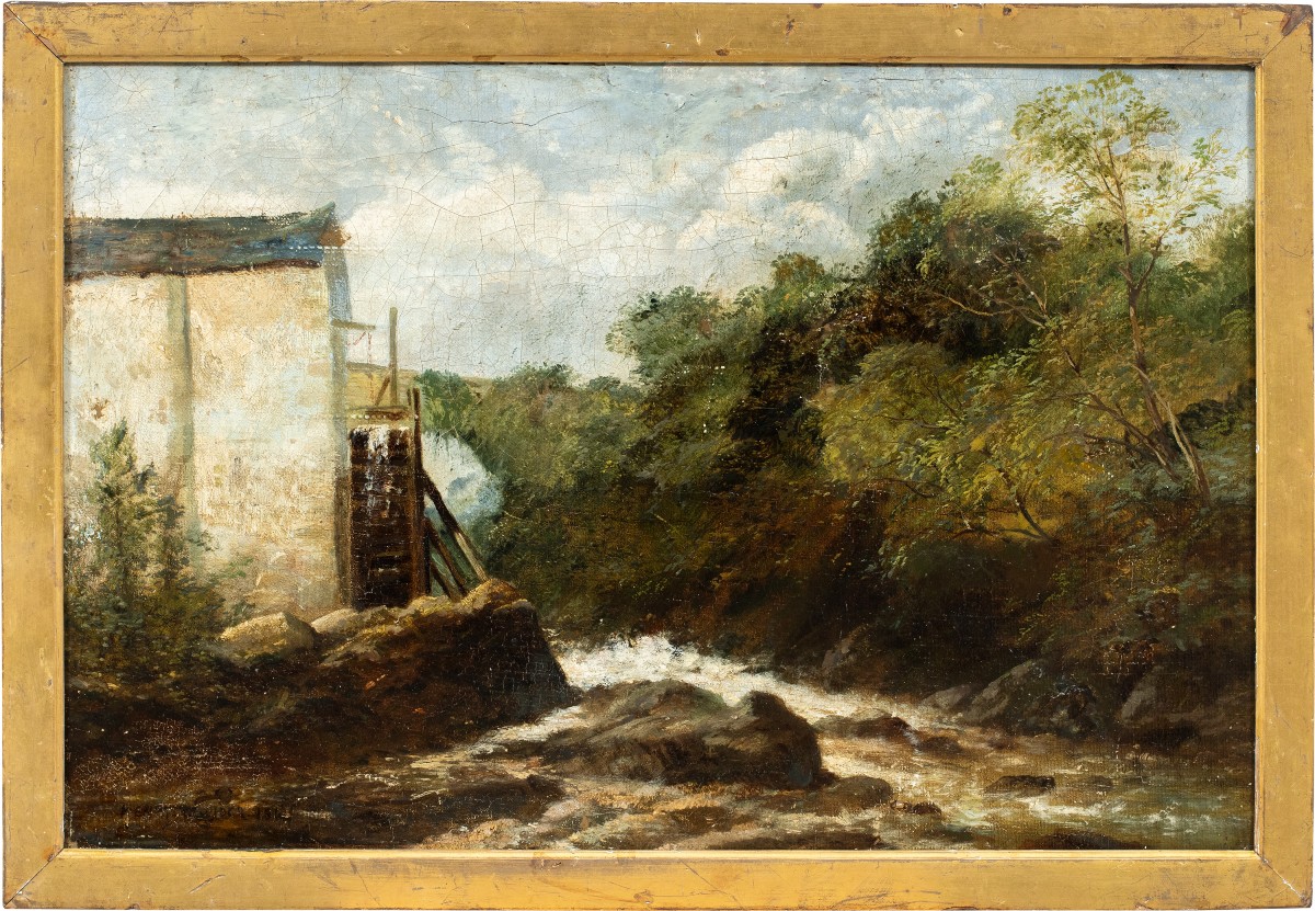 Pittore europeo (fine XIX sec.) - Paesaggio con mulino e ruscello.