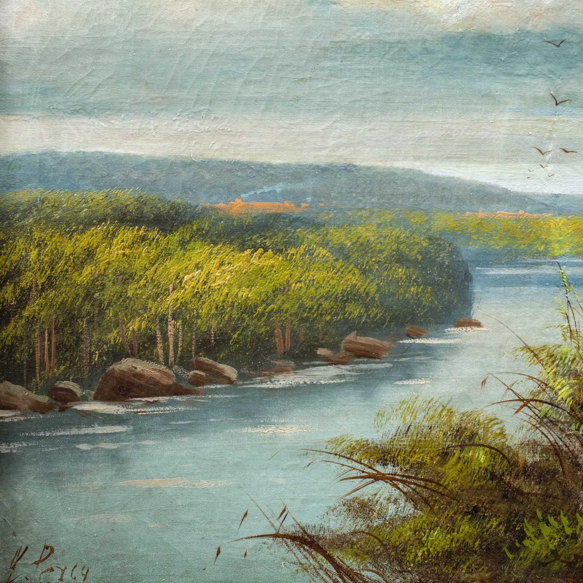 Sidney Richard Percy (British, 1822 - 1886) - Paesaggio fluviale con rondini in volo.-photo-2