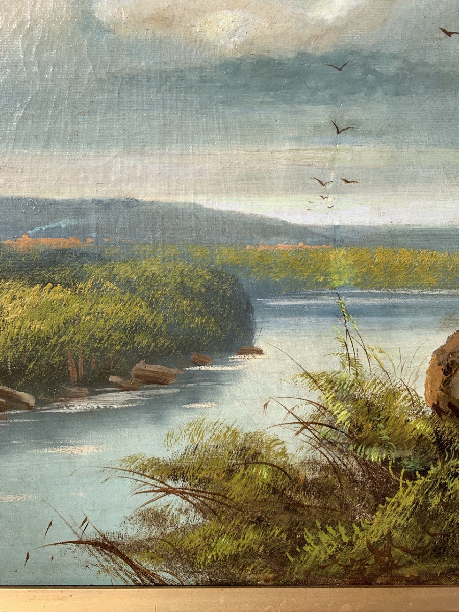 Sidney Richard Percy (British, 1822 - 1886) - Paesaggio fluviale con rondini in volo.-photo-2