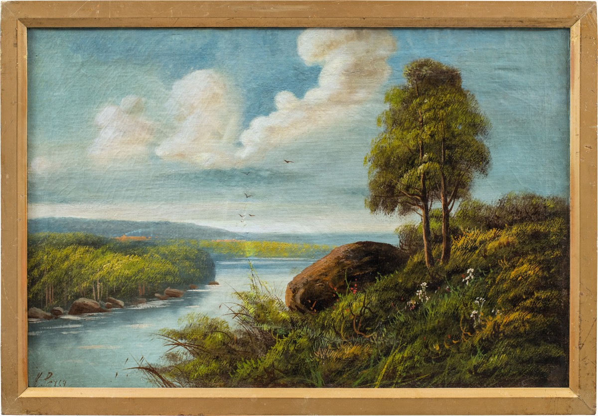 Sidney Richard Percy (British, 1822 - 1886) - Paesaggio fluviale con rondini in volo.