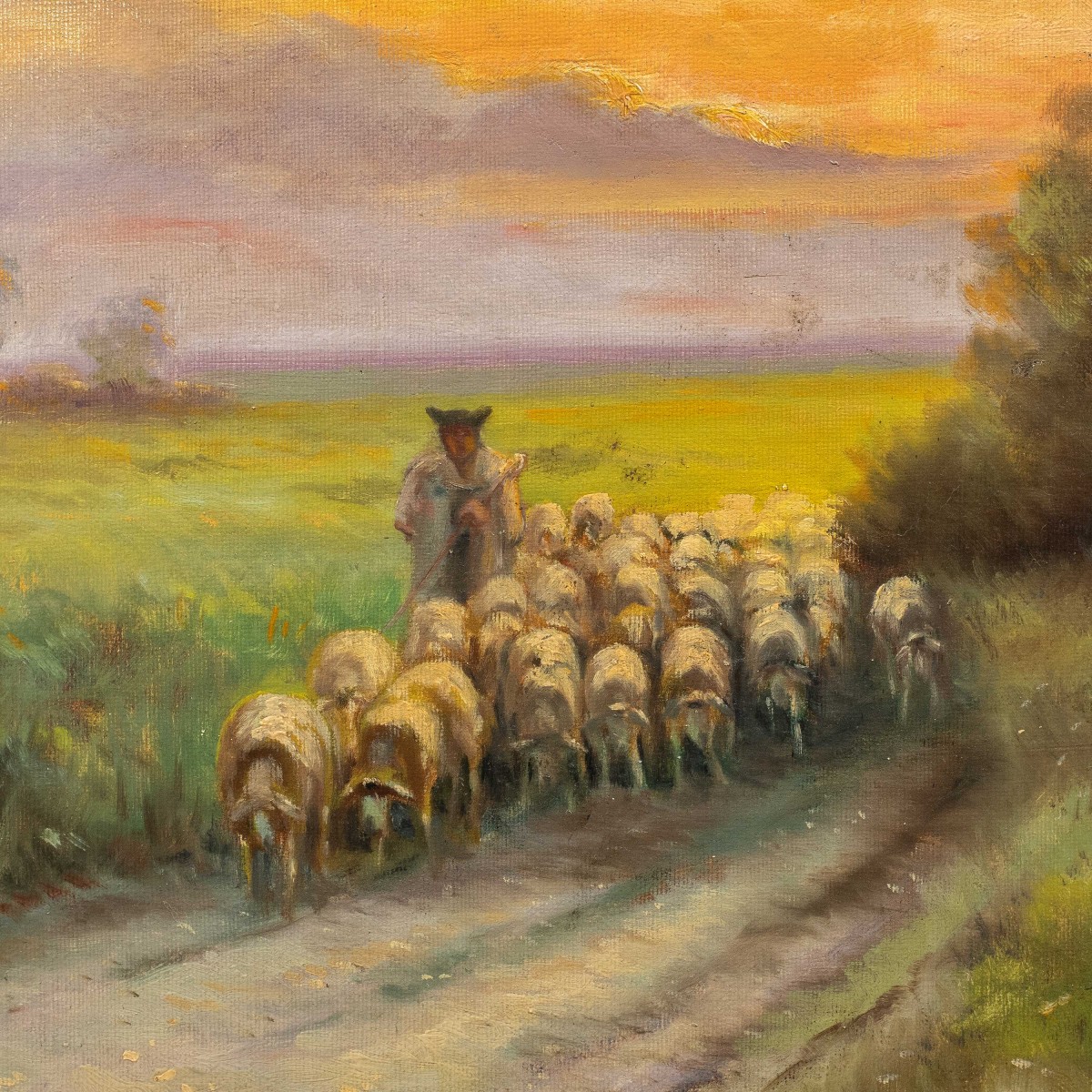 Pittore inglese (XIX sec.) - Paesaggio con gregge al tramonto.-photo-2