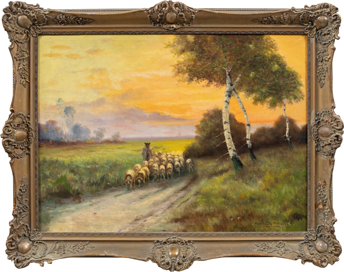 Pittore inglese (XIX sec.) - Paesaggio con gregge al tramonto.