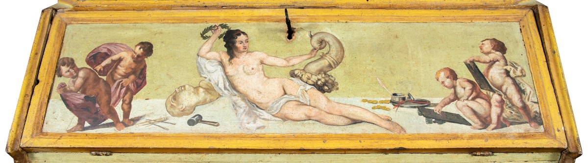 Trumeau a due corpi in legno laccato e dipinto. Roma, XVIII secolo.-photo-3