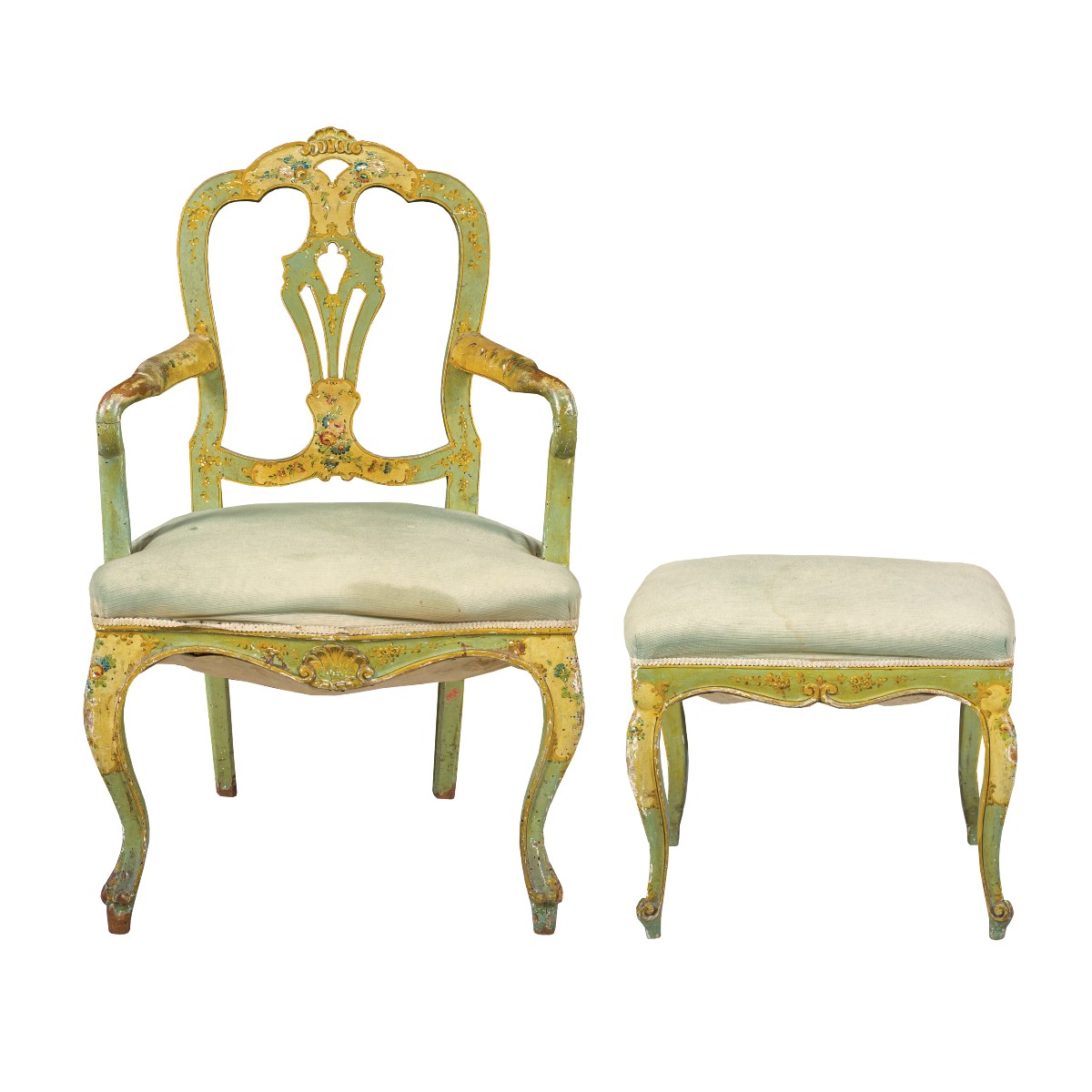 Poltrona e panchetto in legno intagliato e laccato. Venezia, XIX-XX secolo.-photo-2