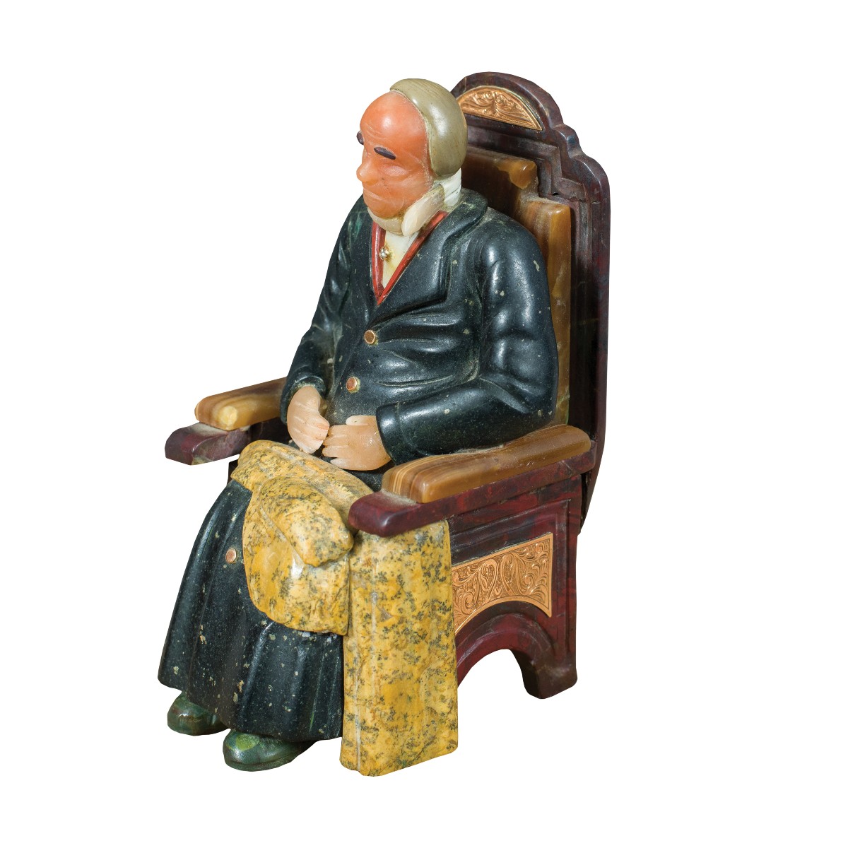 Piccola scultura in marmi diversi e pietre dure - Anziano seduto. Probabilmente Russia, XIX-XX-photo-2