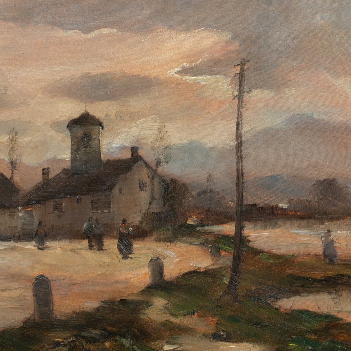 Vittorio Antonio Cargnel (Venezia 1872 - Milano 1931) - Paesaggio con casa e personaggi.-photo-2