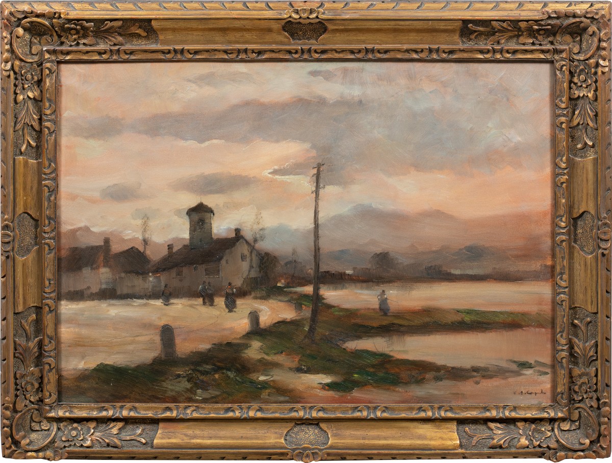 Vittorio Antonio Cargnel (Venezia 1872 - Milano 1931) - Paesaggio con casa e personaggi.