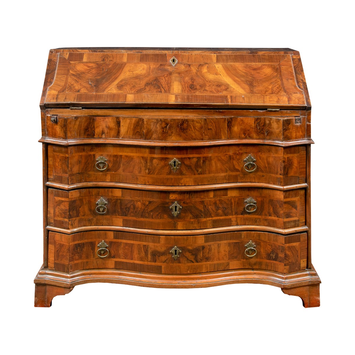 Cassettone a ribalta lastricato in noce e radica. Venezia, XVIII secolo. 