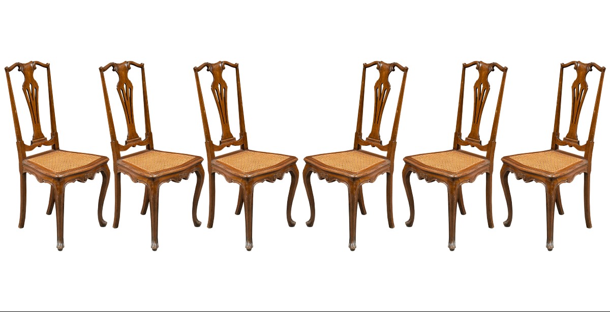 Sei sedie in legno di noce intagliato e traforato. Venezia, fine XIX secolo.-photo-2