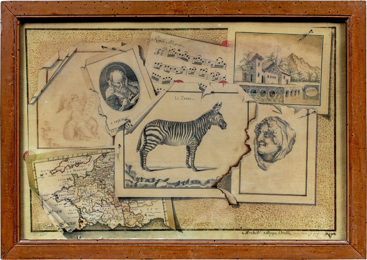 Aloys Orelli (attivo in Italia inizi XIX sec.) - Trompe l’oeil con incisioni.