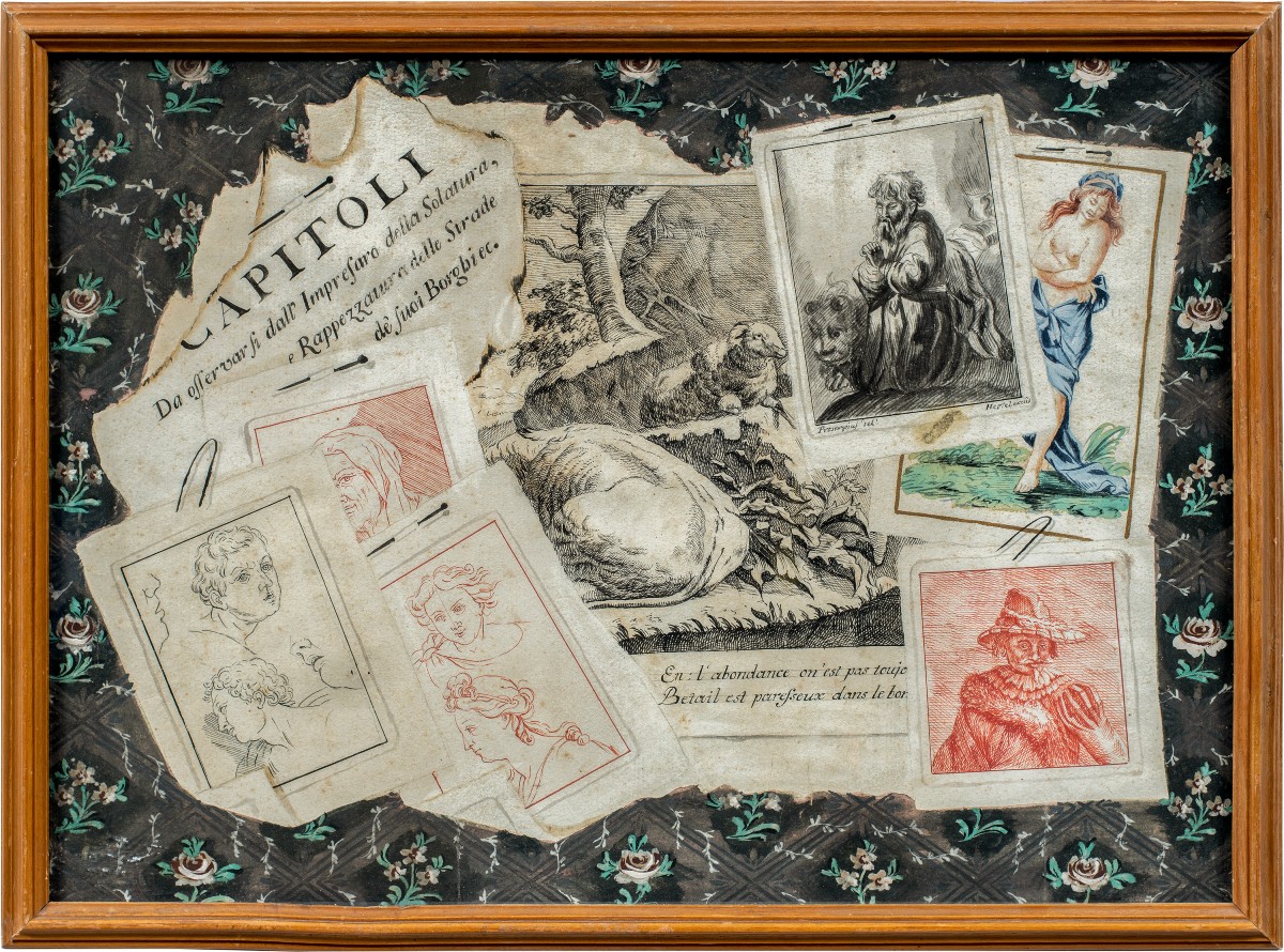 Giovanni Proserpio (attivo in Lombardia fine XVIII sec.) - Trompe l’oeil con incisioni antiche.