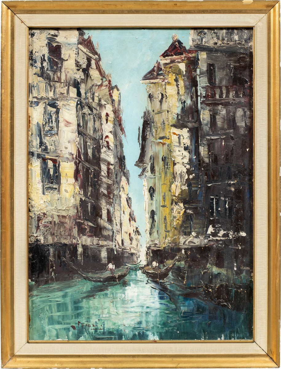 Pittore veneziano (inizi XX sec.) - Veduta di Venezia con canale e gondole.