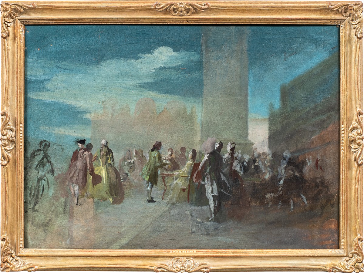 Pittore veneziano (inizi XX sec.) - Carnevale a Venezia in Piazza S. Marco.