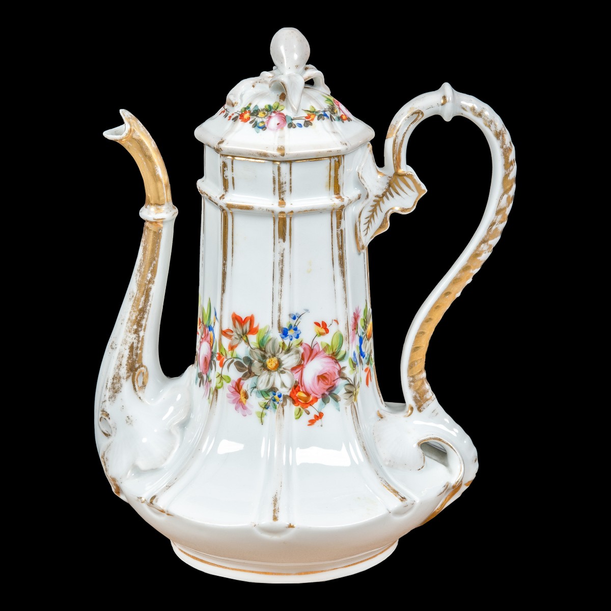 Caffettiera in porcellana policroma. Italia, inizi XX secolo.