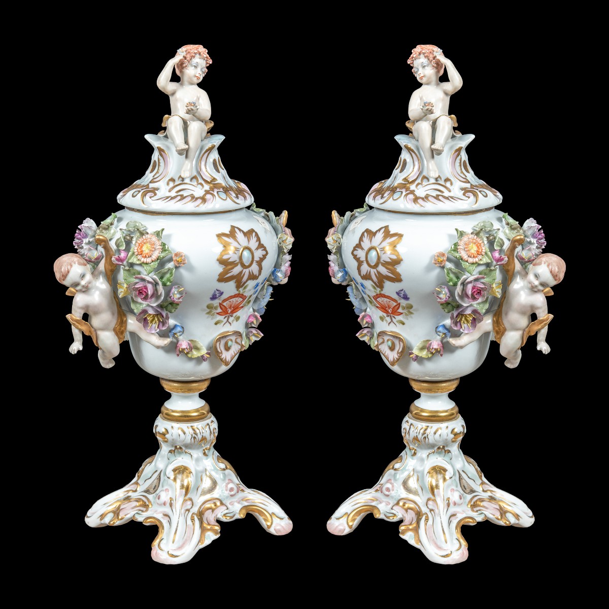 Coppia di vasi brucia-incenso in porcellana policroma. Capodimonte, XIX secolo.-photo-2