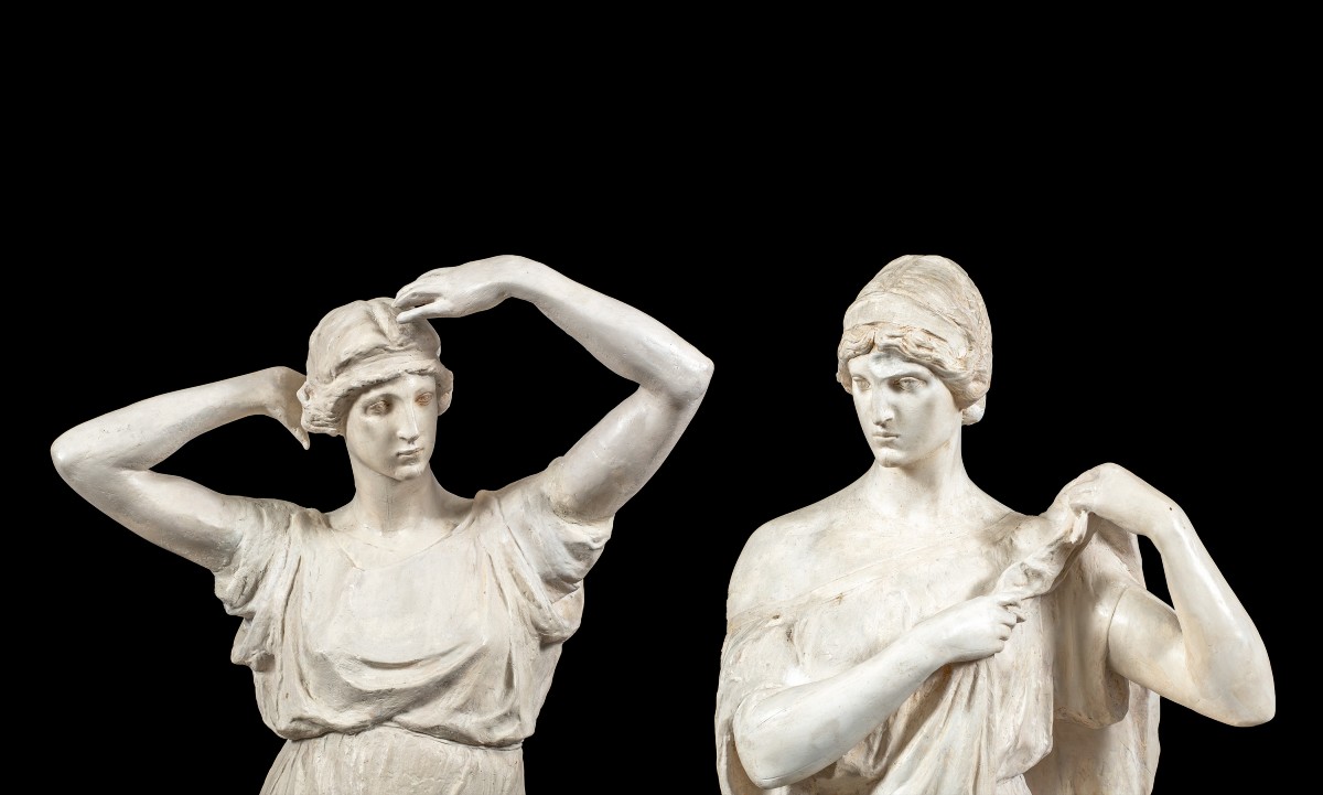 Coppia di sculture in scagliola - Figure romane. Manifattura Italiana, XIX secolo.-photo-3