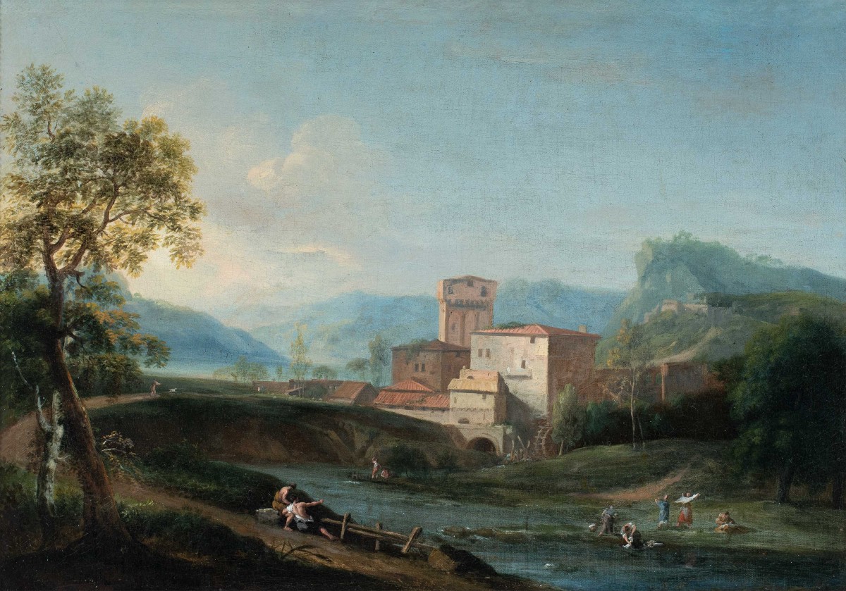 Marco Ricci (Belluno 1676 - Venezia 1730 - Paesaggio fluviale con lavandaie.-photo-2
