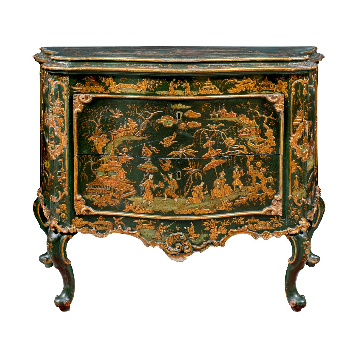 Cassettone in legno laccato e dipinto con applicazioni in pastiglia dorata “a Chinoiserie”. XIX-photo-2