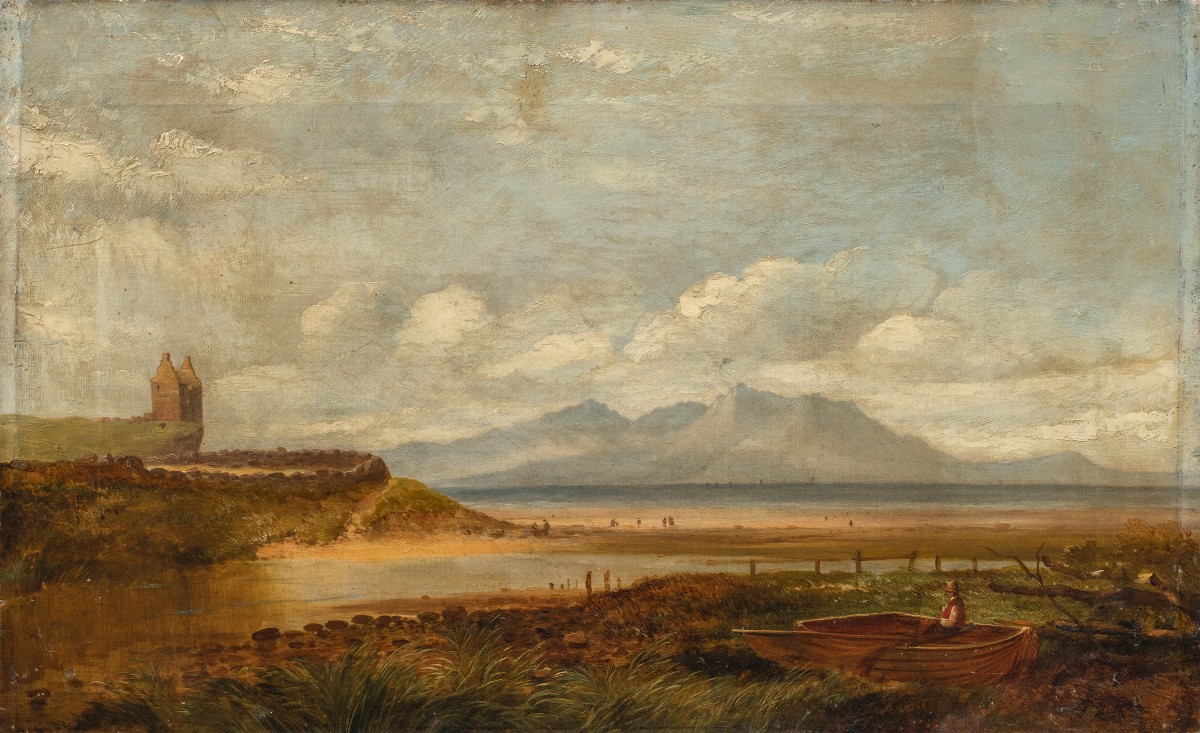 Pittore inglese (fine XIX sec.) - Paesaggio romantico pescatore al lago.