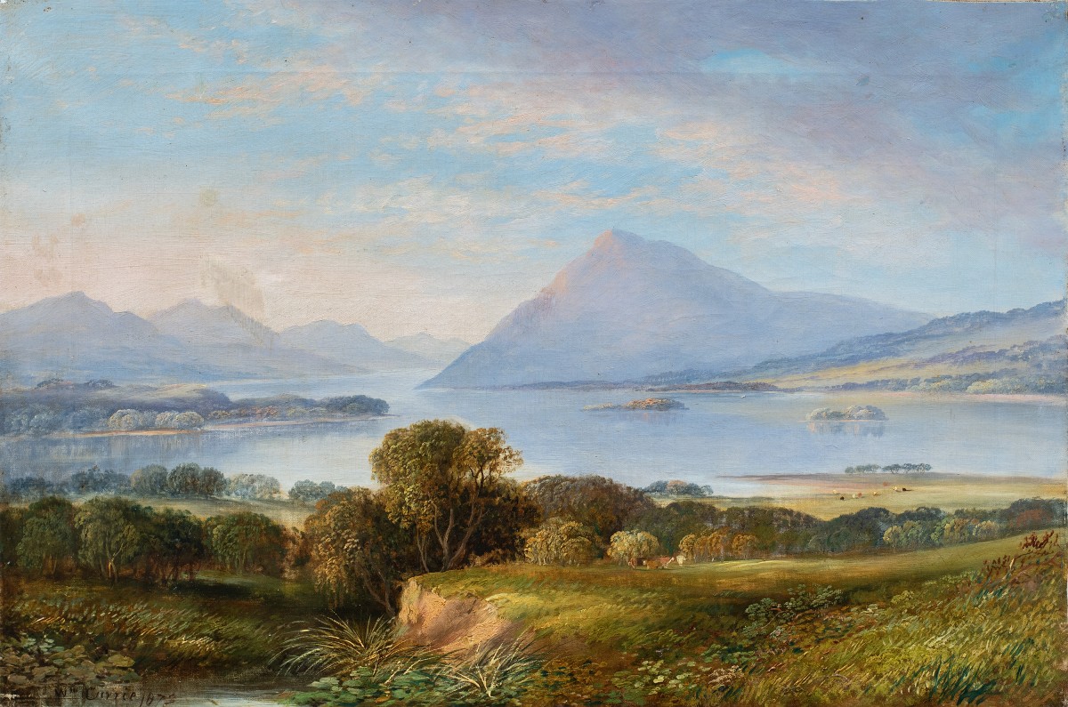 Pittore inglese (datato 1873) - Paesaggio montano con lago.