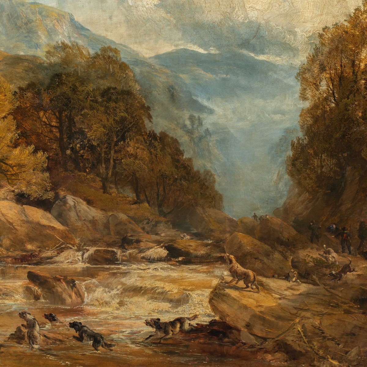 Pittore inglese (XIX sec.) - Paesaggio con cacciatori e cani.-photo-2