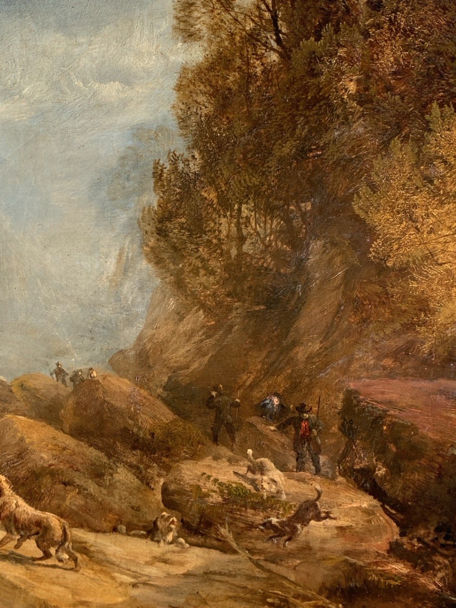 Pittore inglese (XIX sec.) - Paesaggio con cacciatori e cani.-photo-1