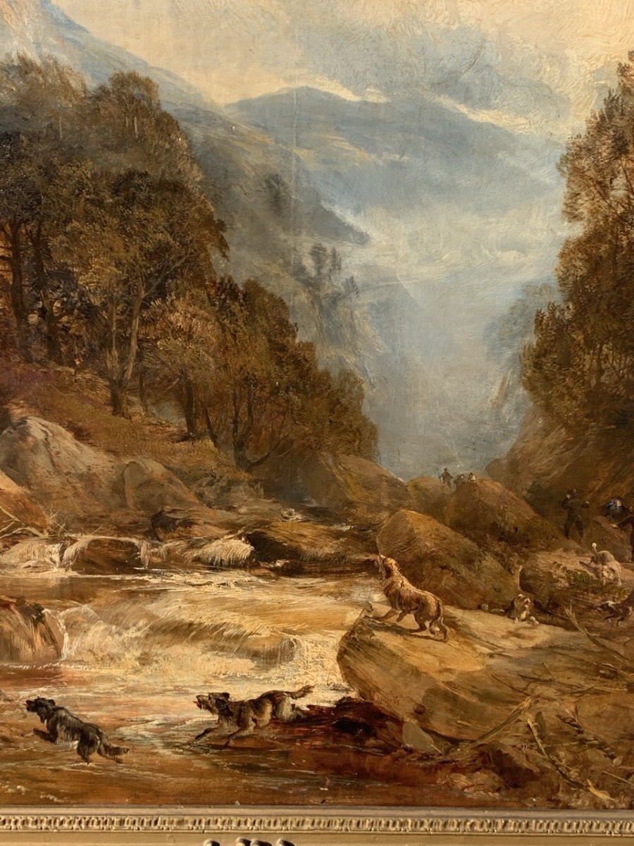 Pittore inglese (XIX sec.) - Paesaggio con cacciatori e cani.-photo-2