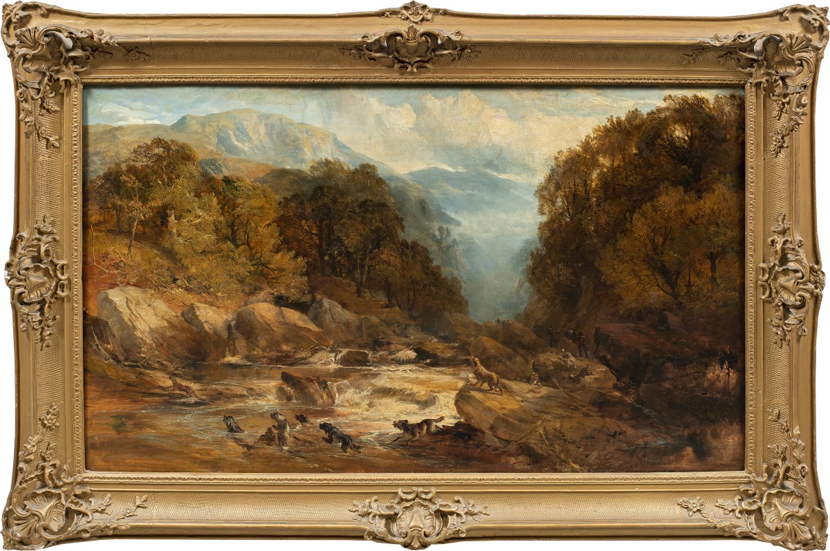 Pittore inglese (XIX sec.) - Paesaggio con cacciatori e cani.