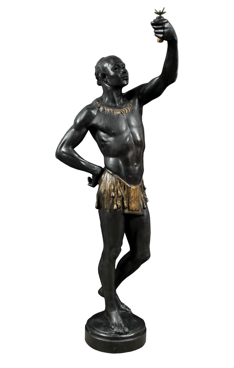 Scultura in legno intagliato, laccato e dipinto - Moro reggi torcia. Venezia, XIX secolo.-photo-2