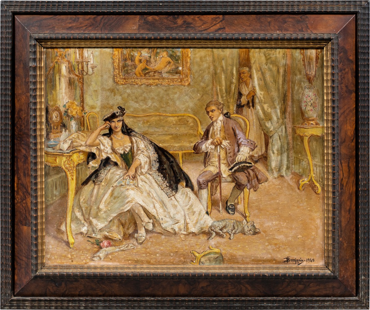 Vittorio Emanuele Bressanin (Musile di Piave 1860 – Venezia 1941) - Interno con scena galante.