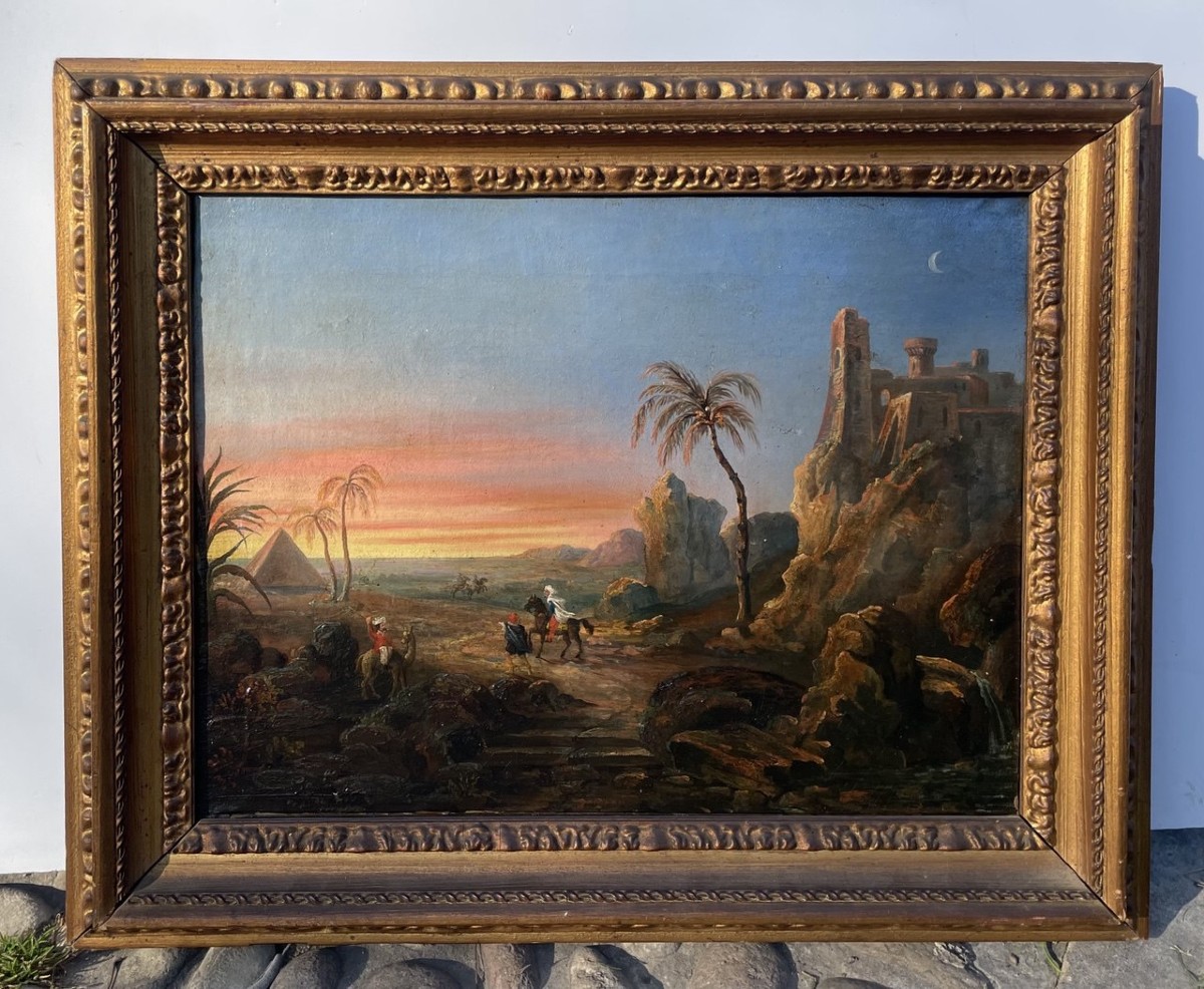 Pittore orientalista (XIX sec.) - Paesaggio con viandanti rovine e piramide. -photo-4