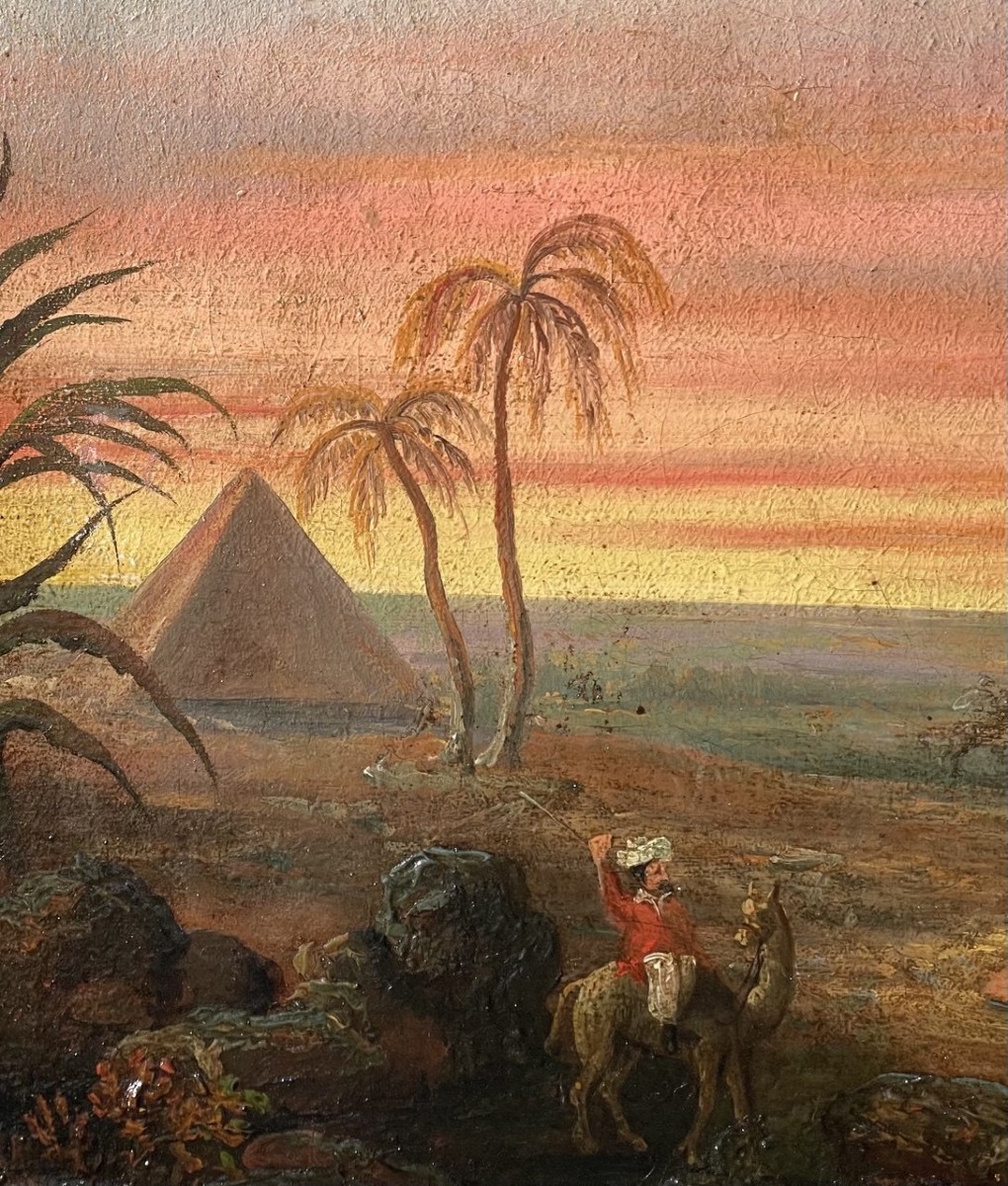 Pittore orientalista (XIX sec.) - Paesaggio con viandanti rovine e piramide. -photo-1