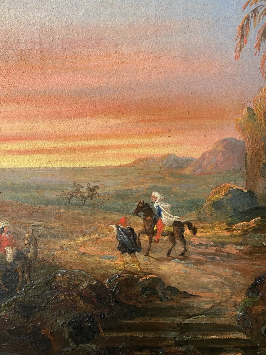 Pittore orientalista (XIX sec.) - Paesaggio con viandanti rovine e piramide. -photo-2