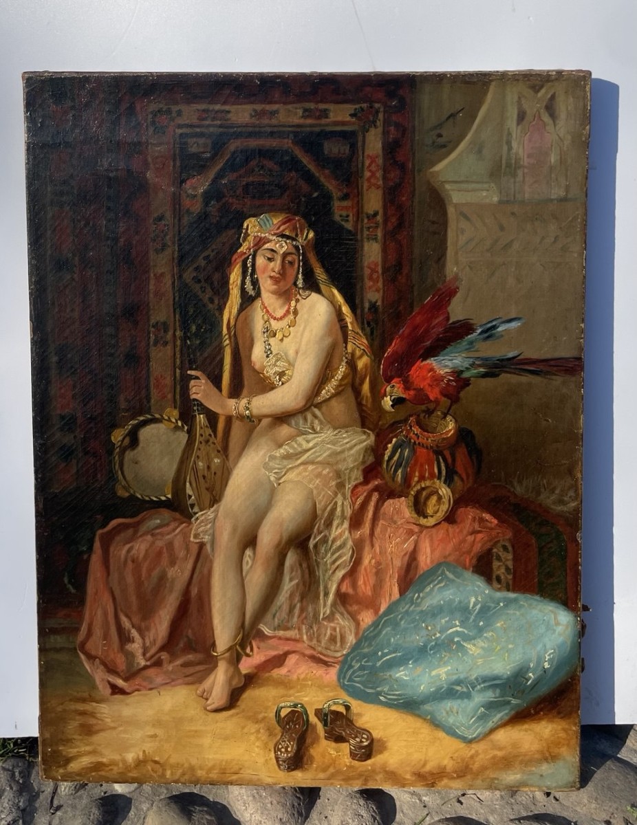 Pittore orientalista (XIX sec.) - Odalisca con pappagallo. -photo-1