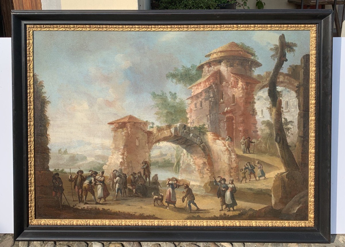 Pittore italiano (XVIII sec.) - Paesaggio con rovine e personaggi. -photo-4