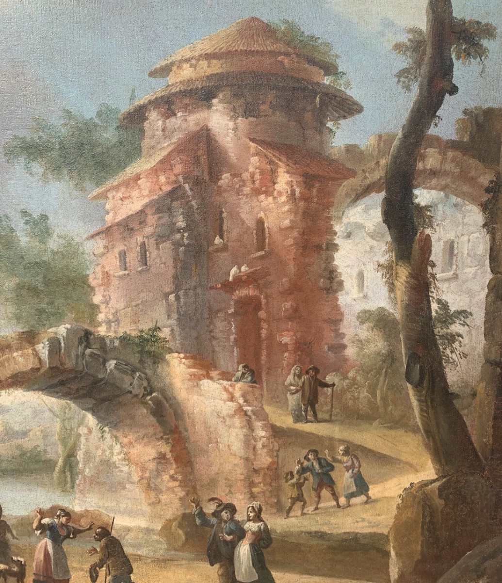 Pittore italiano (XVIII sec.) - Paesaggio con rovine e personaggi. -photo-1