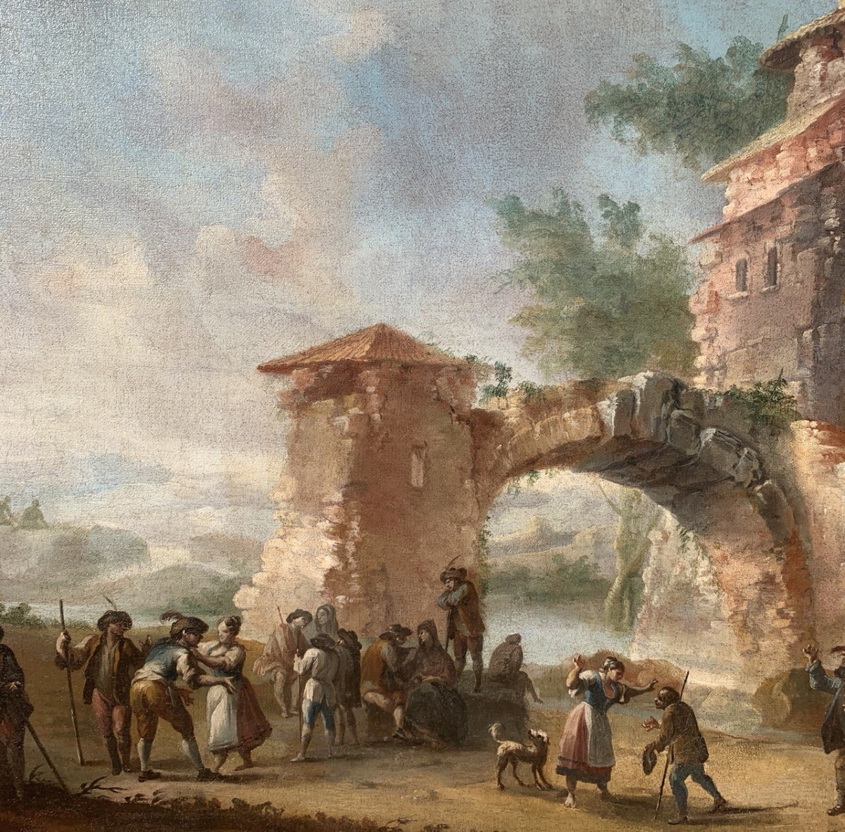 Pittore italiano (XVIII sec.) - Paesaggio con rovine e personaggi. -photo-2