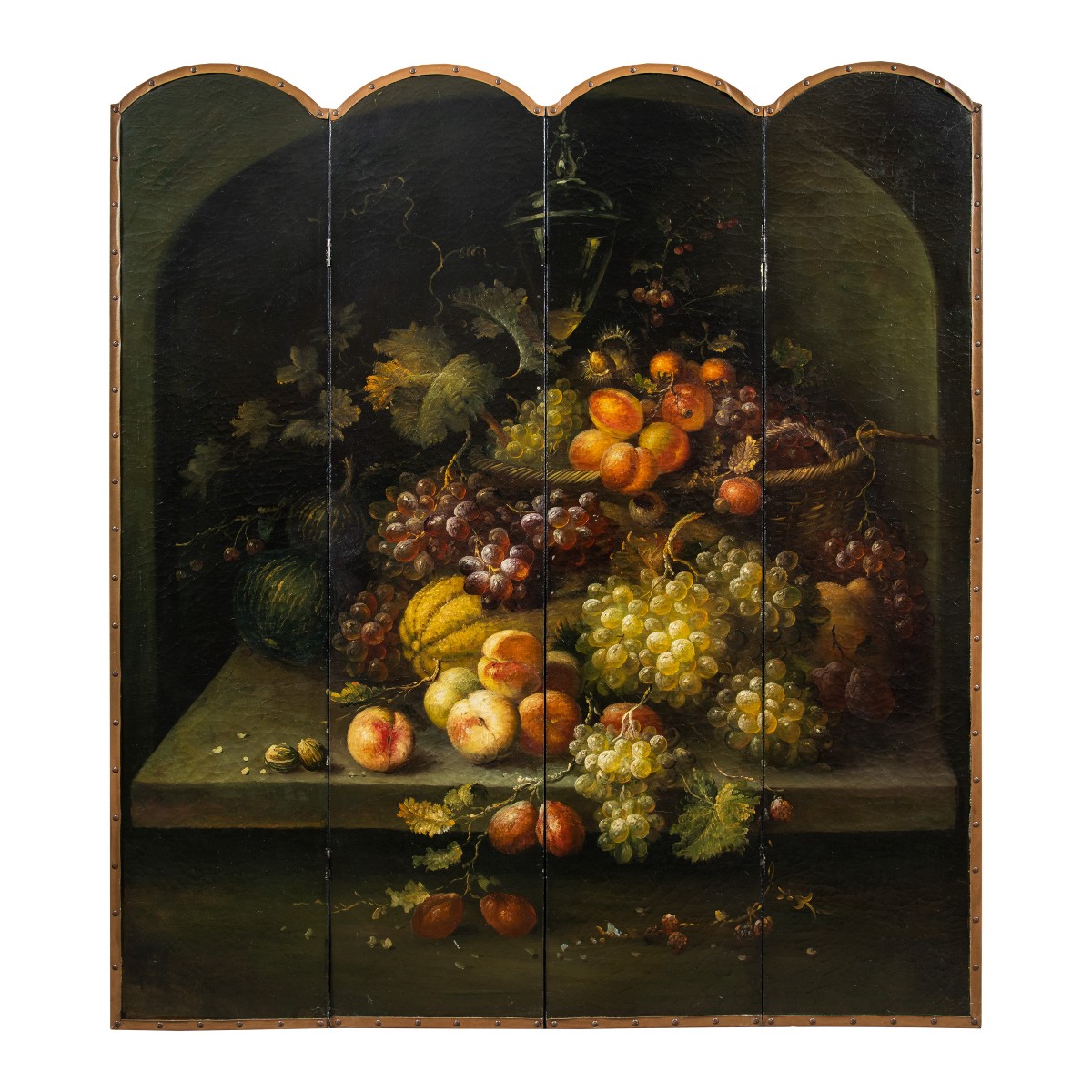 Paravento in cuoio dipinto. Italia, XIX secolo. 