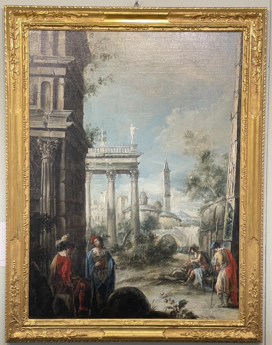 Antonio Stom (Venezia 1688 - Venezia 1734) - Capriccio architettonico con veduta di Padova.-photo-1