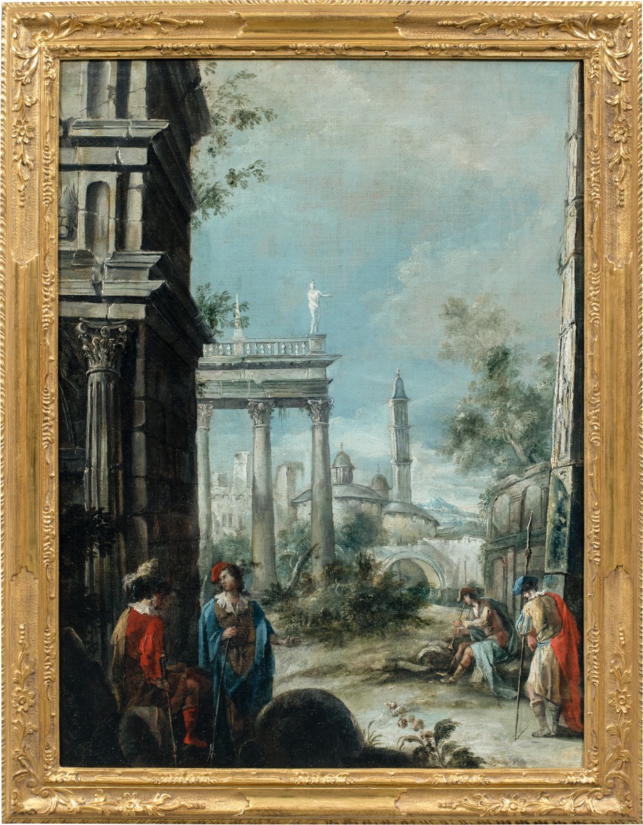 Antonio Stom (Venezia 1688 - Venezia 1734) - Capriccio architettonico con veduta di Padova.