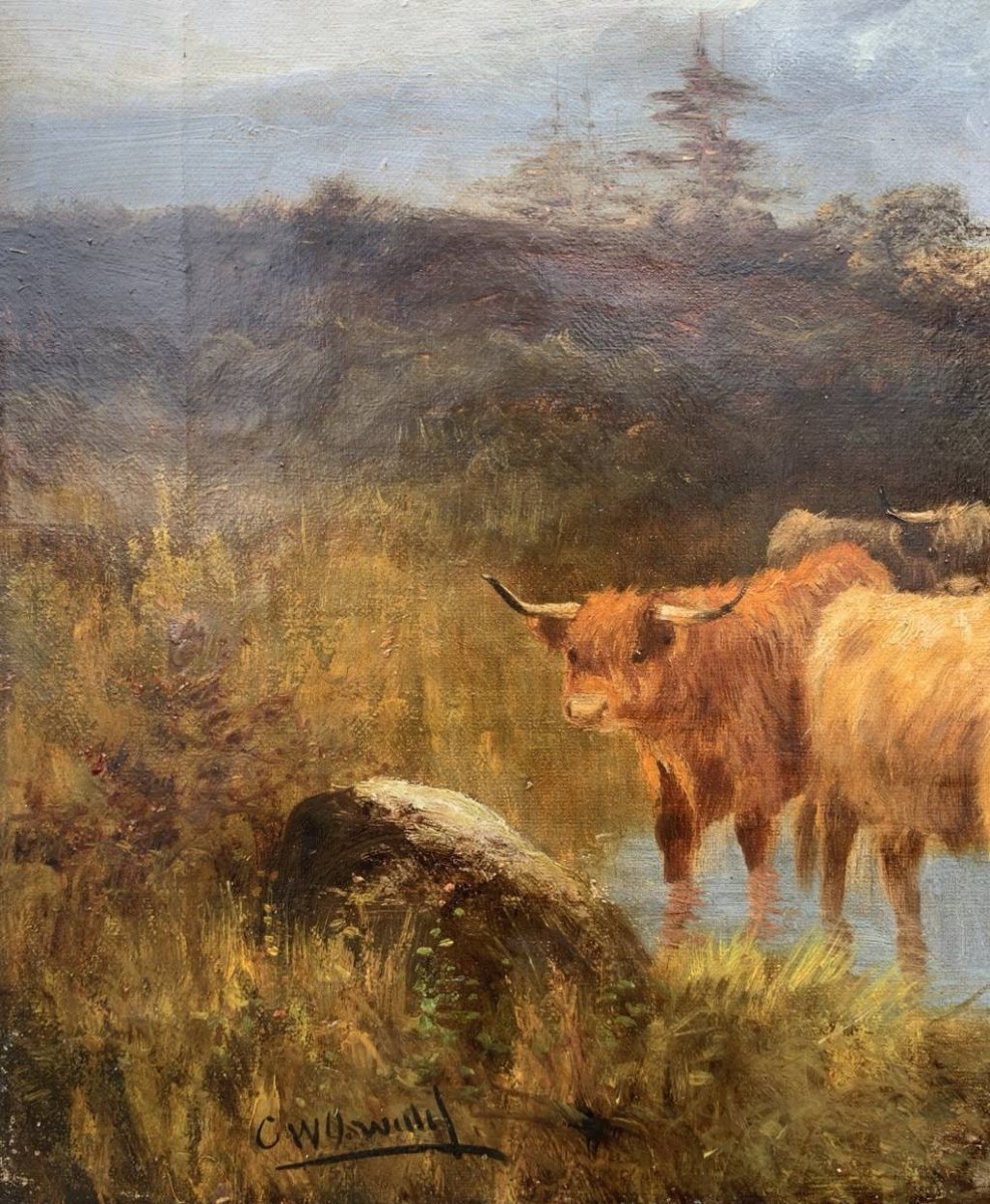Pittore britannico (fine XIX secolo) — Paesaggio con mandria di Highland cattle al lago.-photo-2