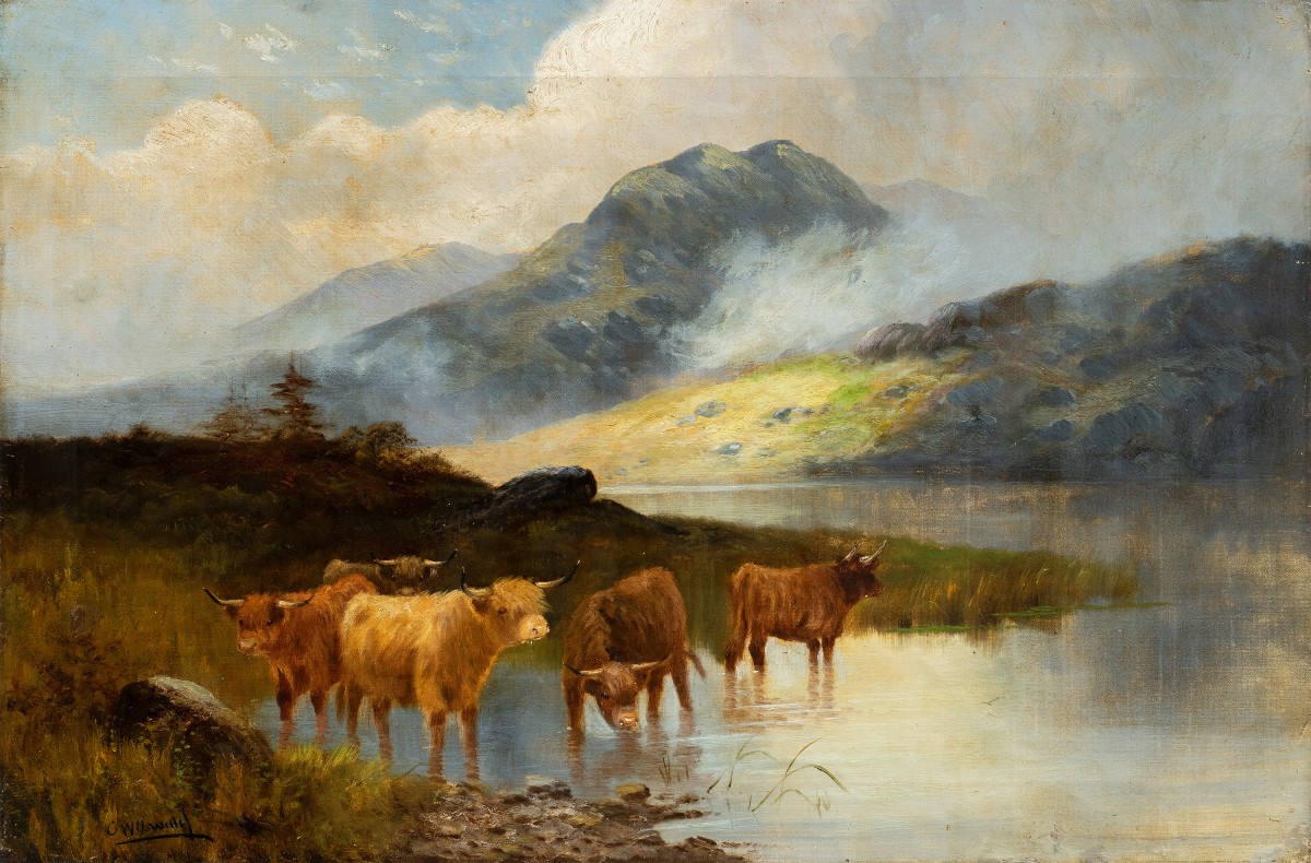 Pittore britannico (fine XIX secolo) — Paesaggio con mandria di Highland cattle al lago.