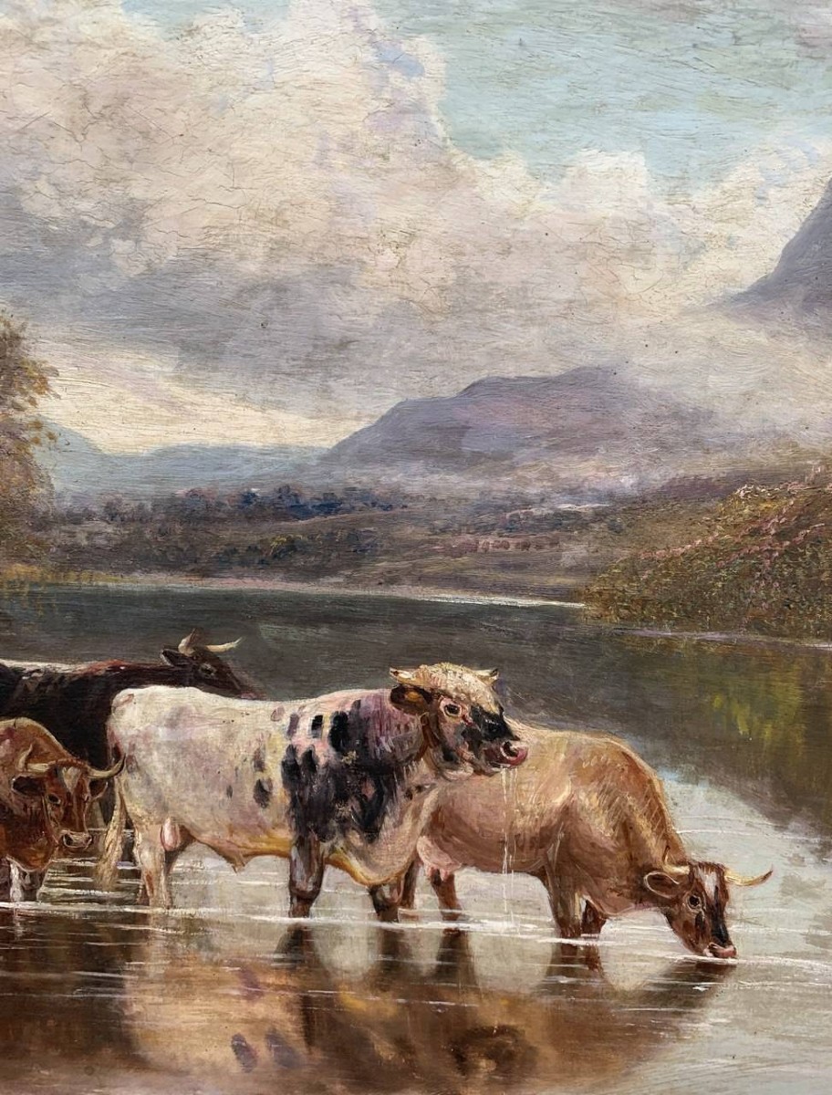 William Vivian Tippett (British, 1833 - 1910) — Paesaggio con bovini al guado.-photo-1