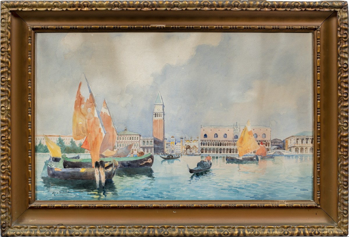 Gino Scalatelli (Venezia 1870 - Venezia 1920) - Venezia, veduta del bacino di San Marco. 