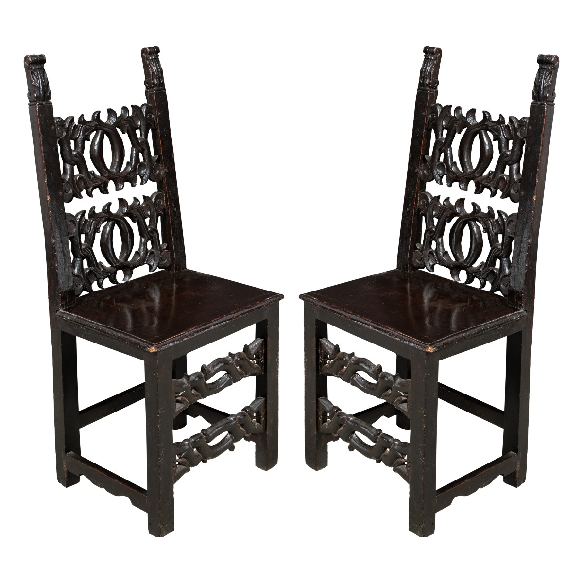 Coppia di sedie fratine in legno intagliato. Modena, XIX secolo.-photo-2